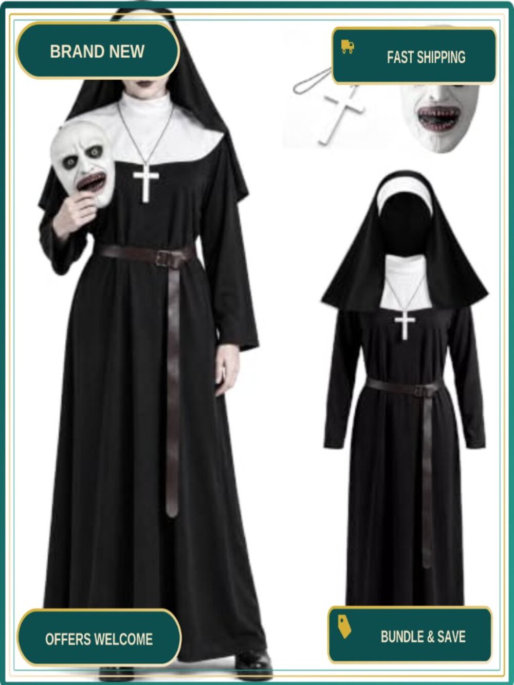 Unisex Scary Nun Halloween Costume Complete Robe Veil Belt Cross Mask